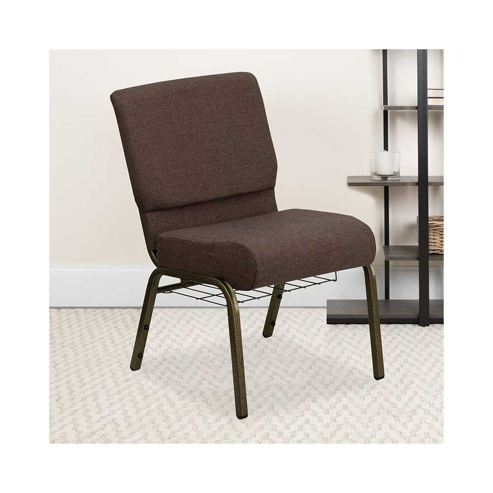 21''W Church Chair in Brown Fabric with Cup Book Rack - Gold Vein Frame