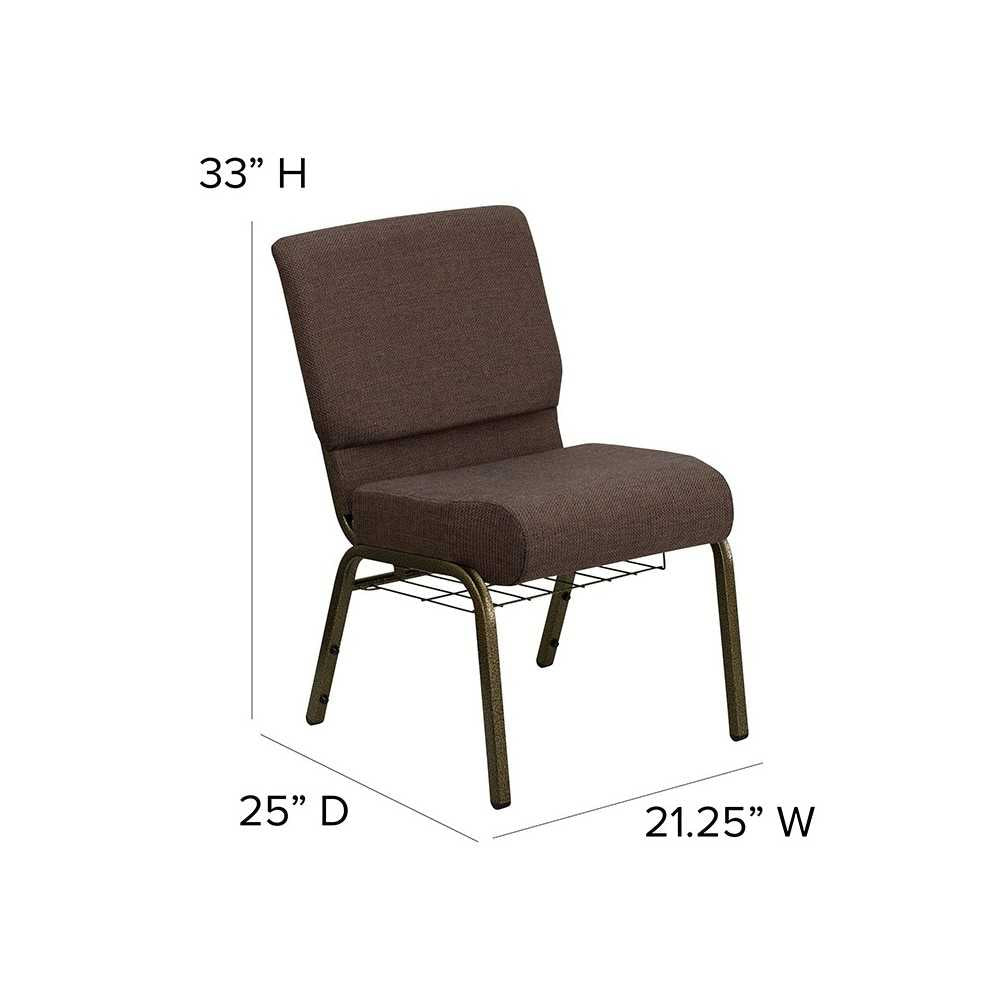 21''W Church Chair in Brown Fabric with Cup Book Rack - Gold Vein Frame