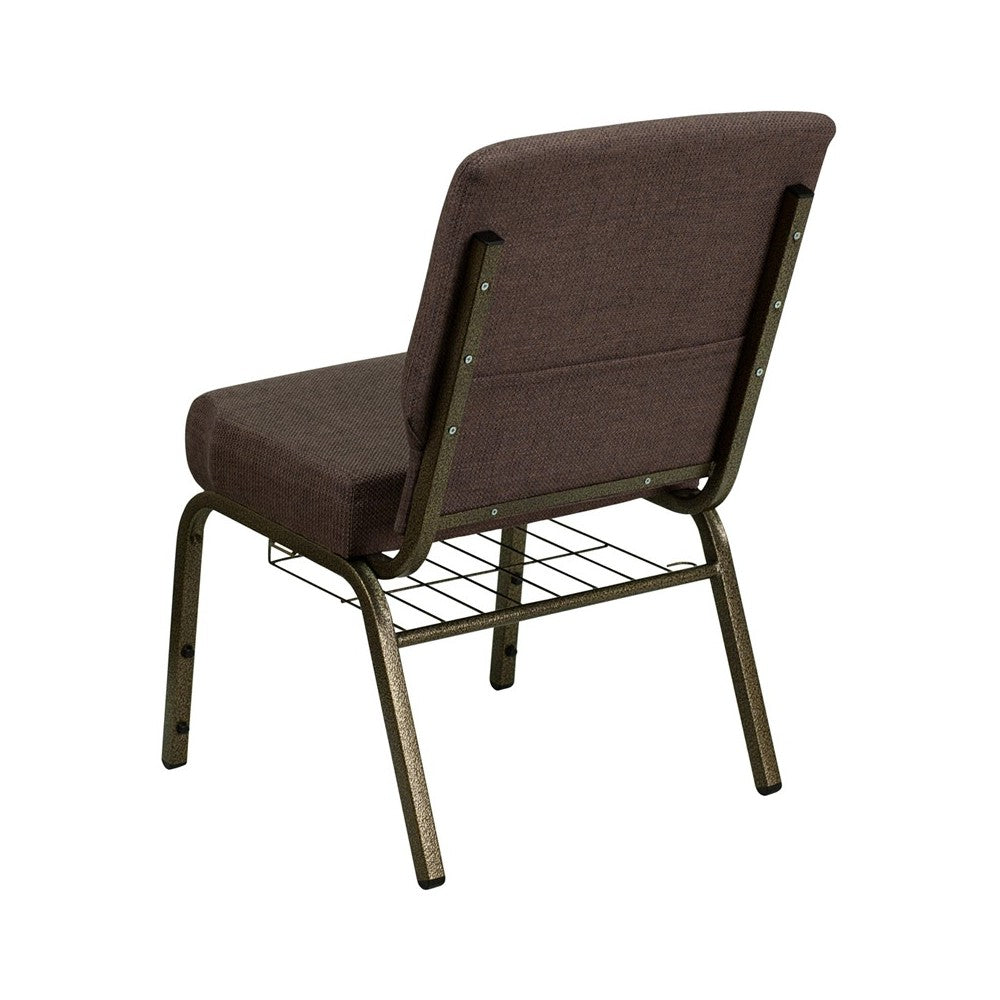21''W Church Chair in Brown Fabric with Cup Book Rack - Gold Vein Frame