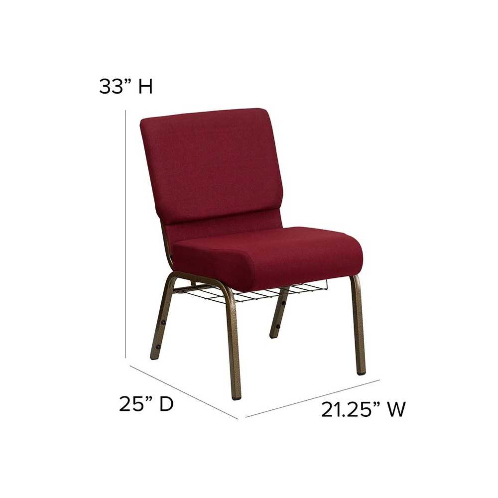 21''W Church Chair in Burgundy Fabric with Cup Book Rack - Gold Vein Frame
