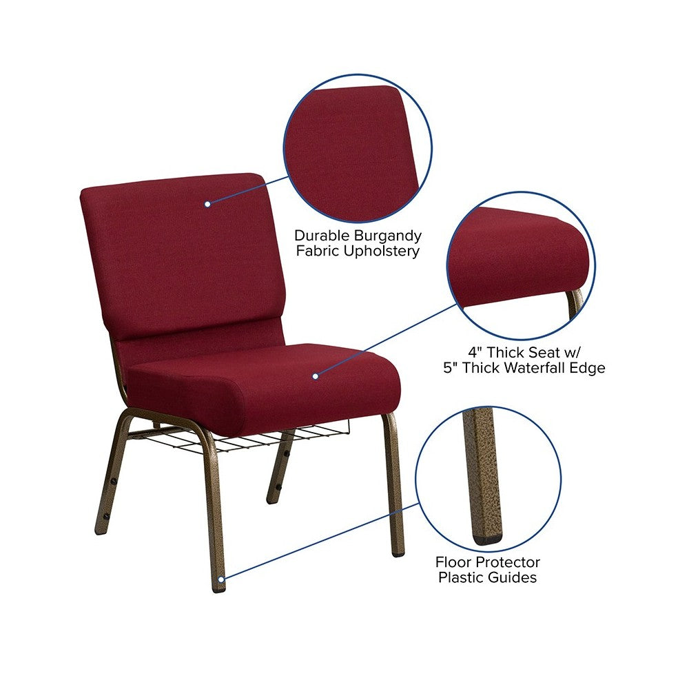 21''W Church Chair in Burgundy Fabric with Cup Book Rack - Gold Vein Frame