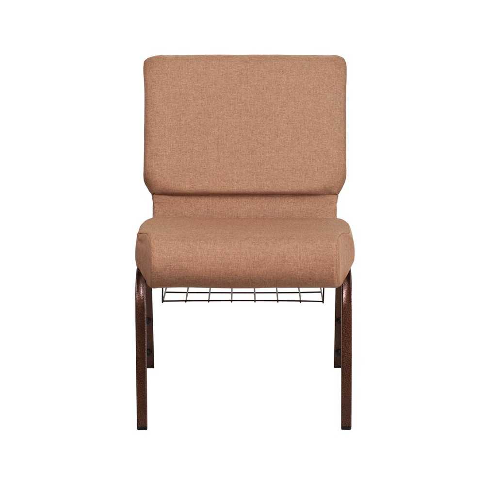 21''W Church Chair in Caramel Fabric with Cup Book Rack - Copper Vein Frame