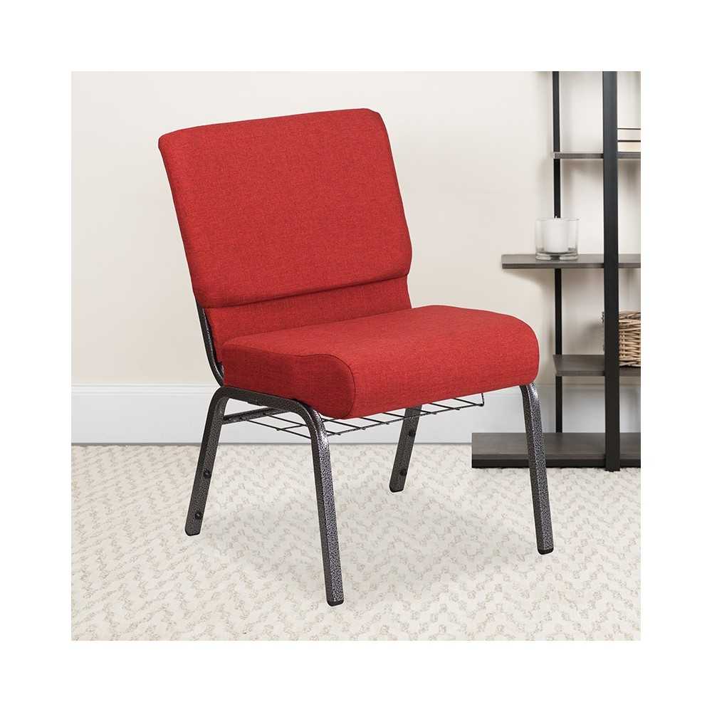 21''W Church Chair in Crimson Fabric with Cup Book Rack - Silver Vein Frame