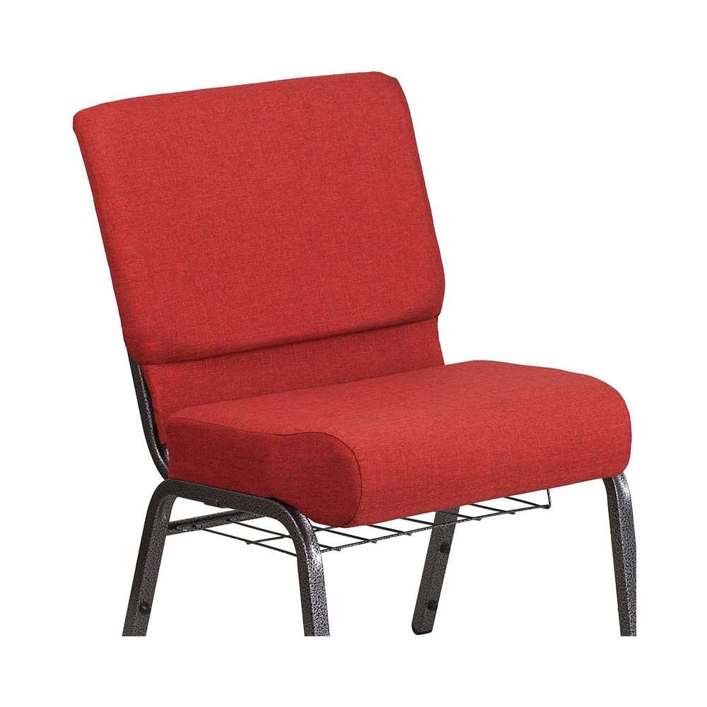 21''W Church Chair in Crimson Fabric with Cup Book Rack - Silver Vein Frame