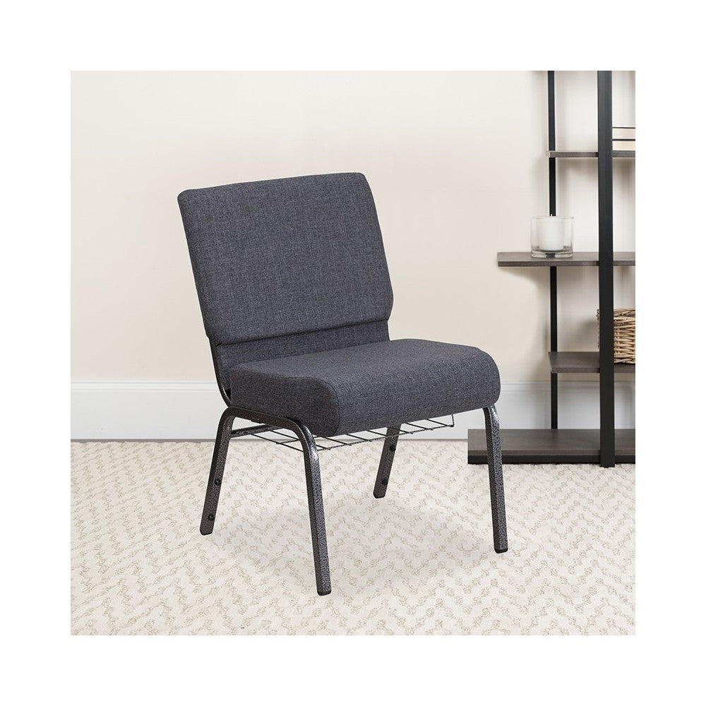 21''W Church Chair in Dark Gray Fabric with Book Rack - Silver Vein Frame