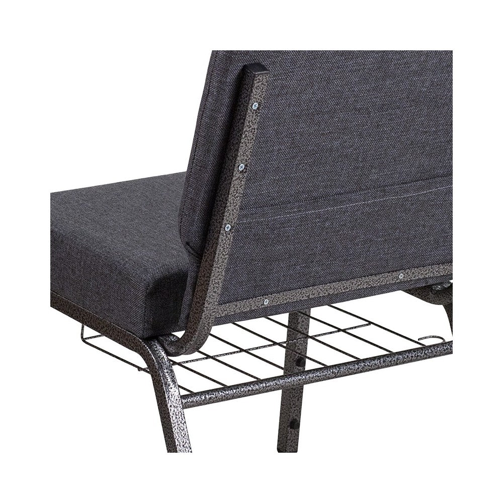 21''W Church Chair in Dark Gray Fabric with Book Rack - Silver Vein Frame