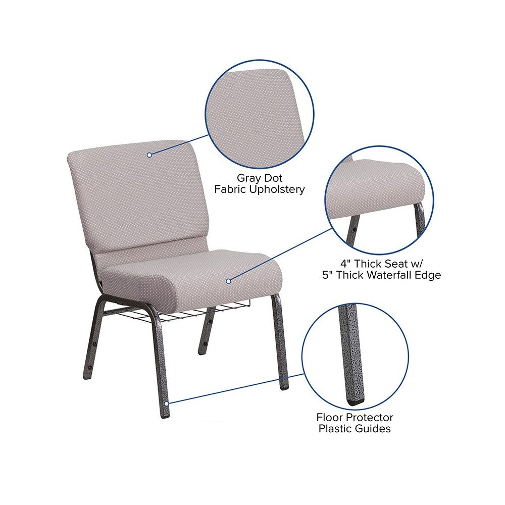 21''W Church Chair in Gray Dot Fabric with Book Rack - Silver Vein Frame