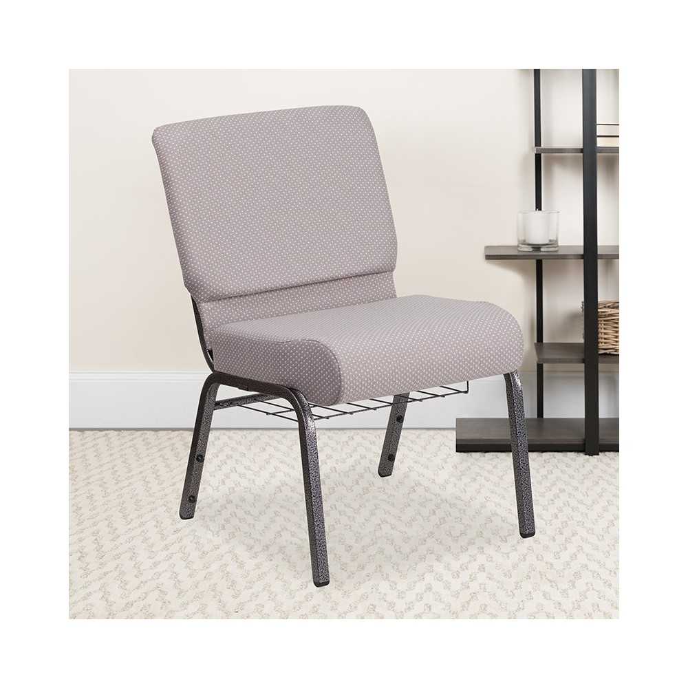 21''W Church Chair in Gray Dot Fabric with Book Rack - Silver Vein Frame
