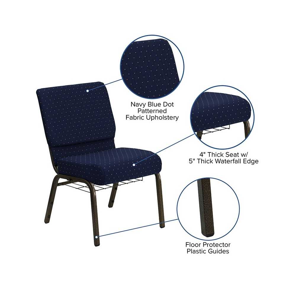 21''W Church Chair in Navy Blue Dot Patterned Fabric with Book Rack - Gold Vein Frame