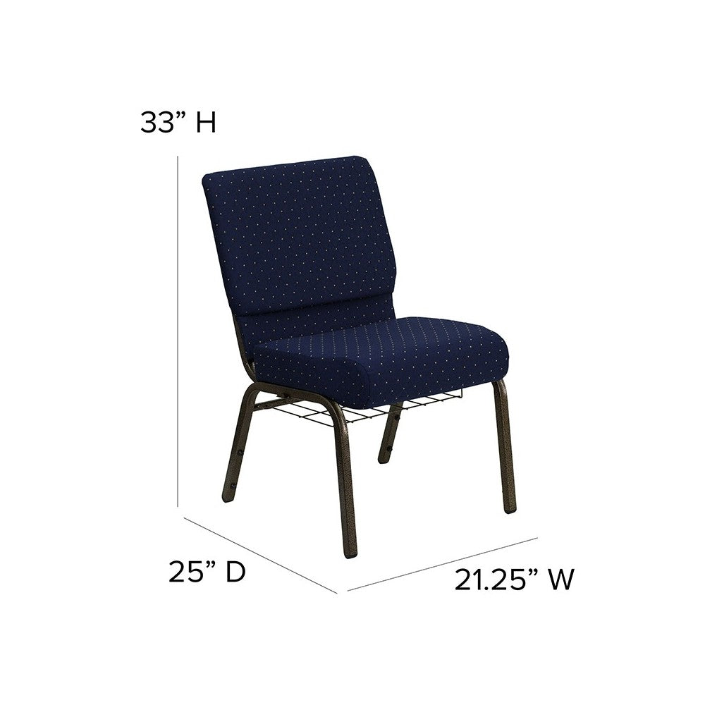 21''W Church Chair in Navy Blue Dot Patterned Fabric with Book Rack - Gold Vein Frame