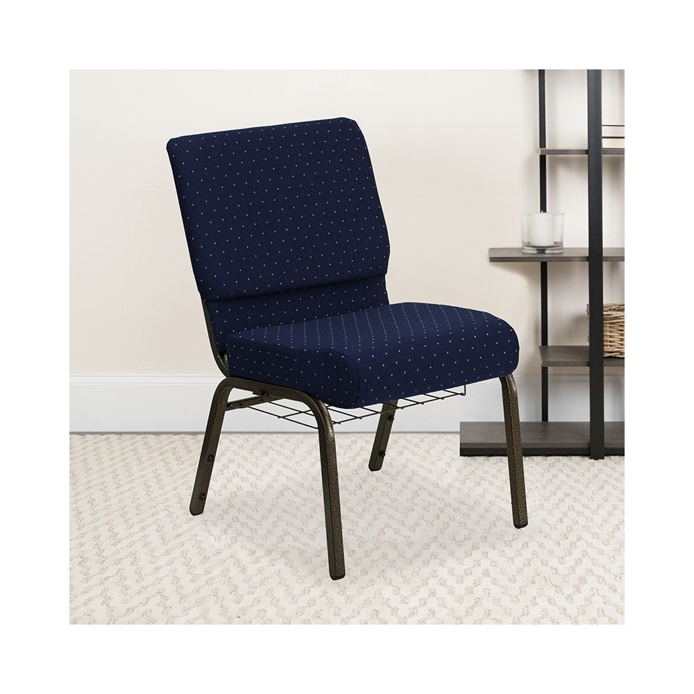 21''W Church Chair in Navy Blue Dot Patterned Fabric with Book Rack - Gold Vein Frame