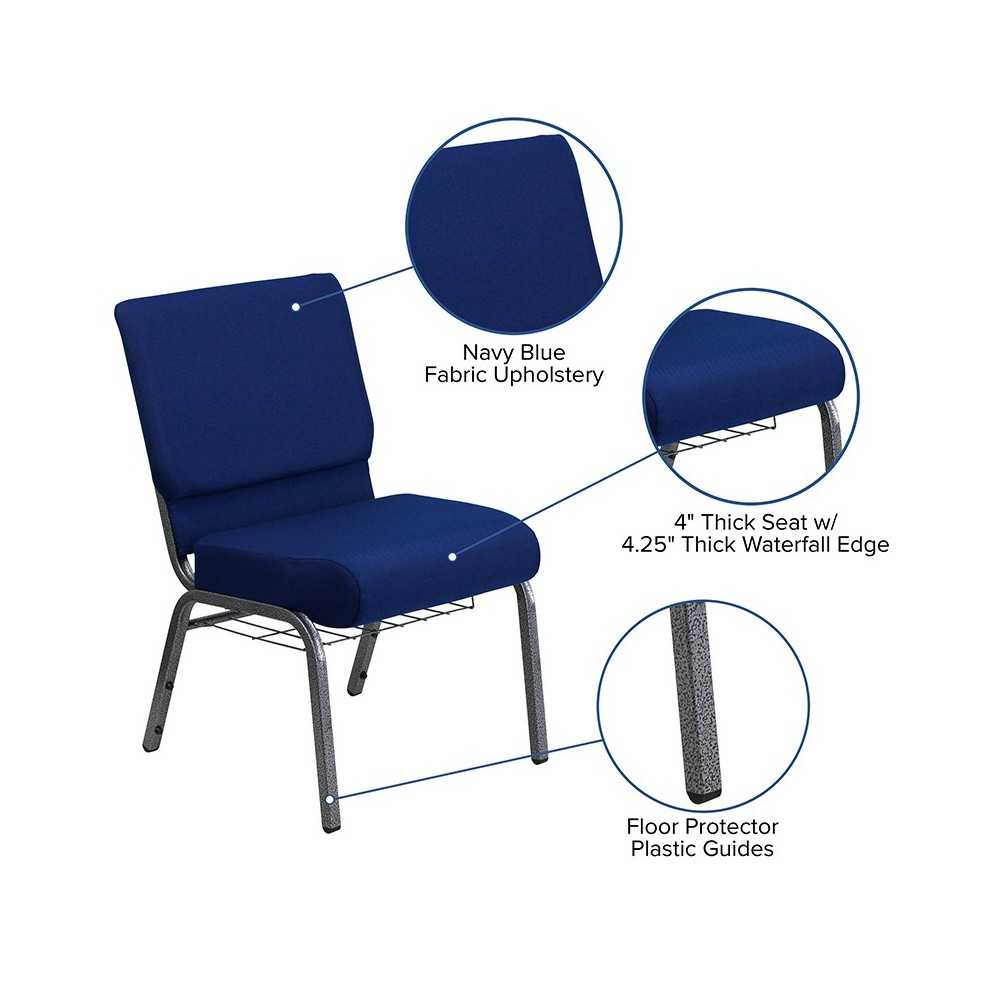 21''W Church Chair in Navy Blue Fabric with Cup Book Rack - Silver Vein Frame