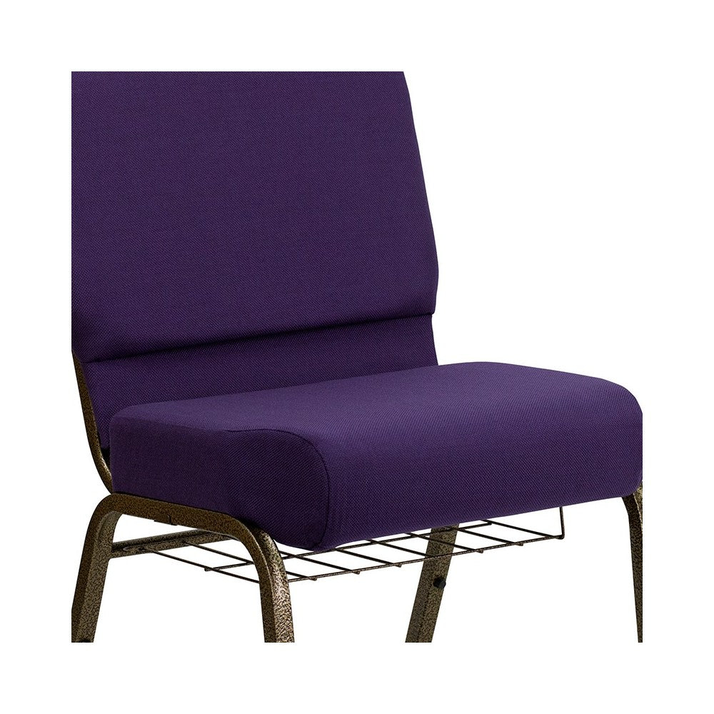 21''W Church Chair in Royal Purple Fabric with Cup Book Rack - Gold Vein Frame