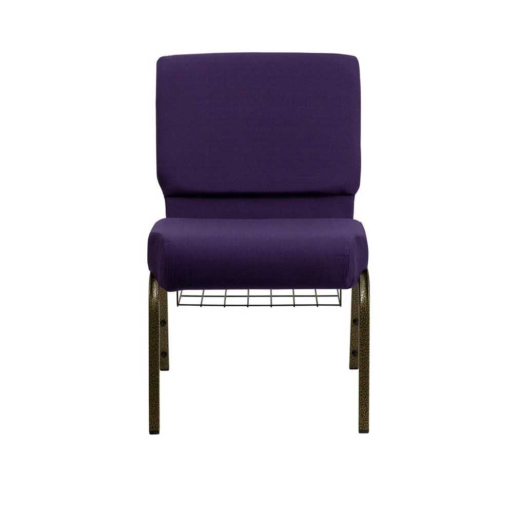 21''W Church Chair in Royal Purple Fabric with Cup Book Rack - Gold Vein Frame