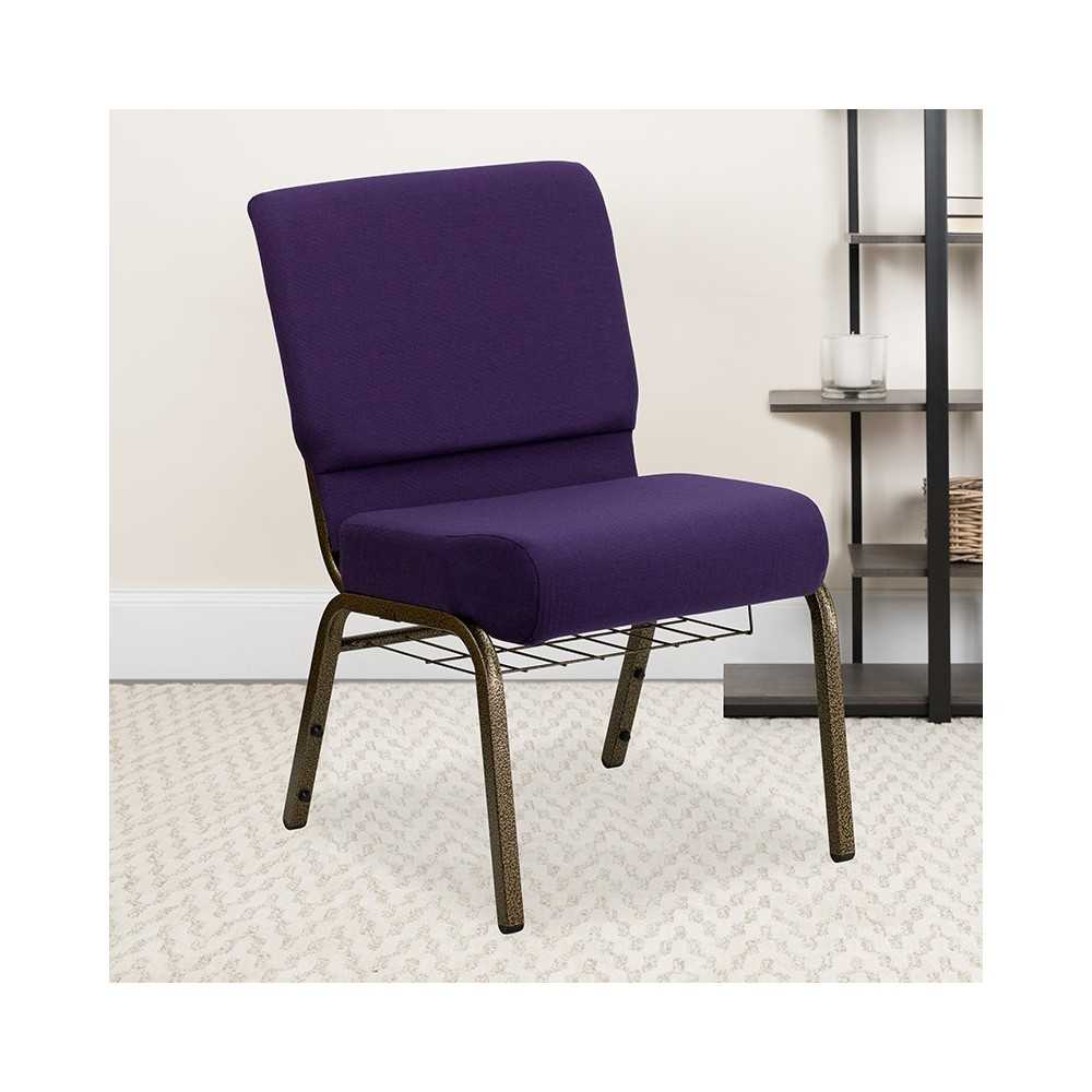 21''W Church Chair in Royal Purple Fabric with Cup Book Rack - Gold Vein Frame
