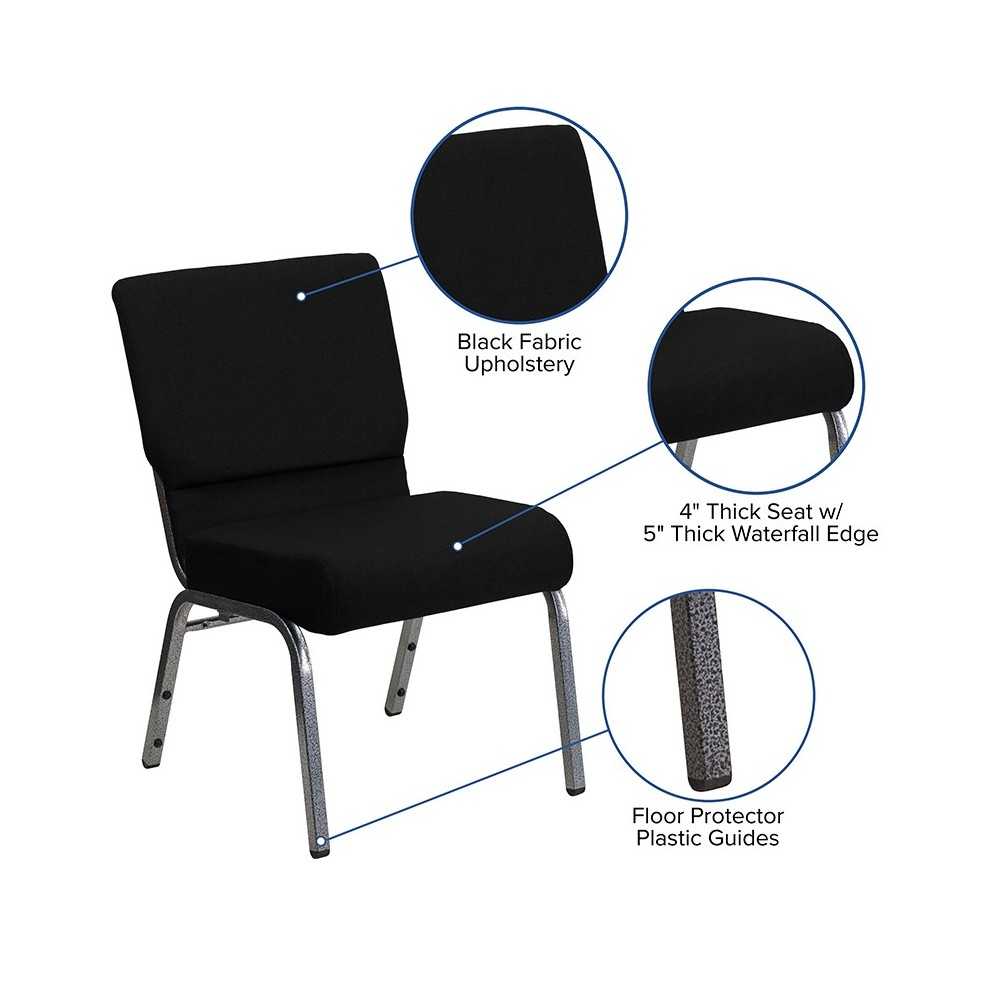 21''W Stacking Church Chair in Black Fabric - Silver Vein Frame