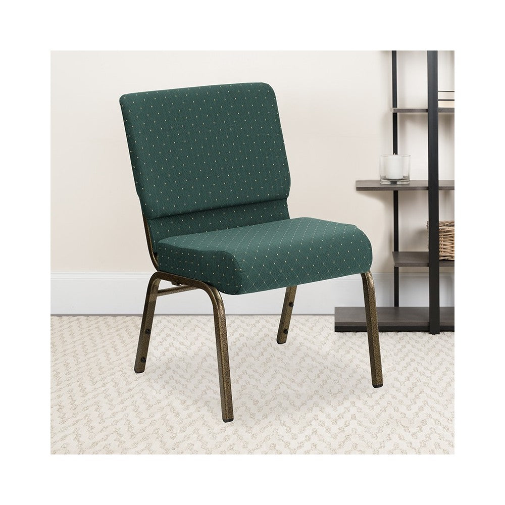 21''W Stacking Church Chair in Hunter Green Dot Patterned Fabric - Gold Vein Frame