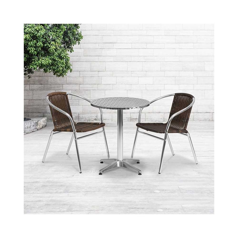 23.5'' Round Aluminum Indoor-Outdoor Table Set with 2 Dark Brown Rattan Chairs