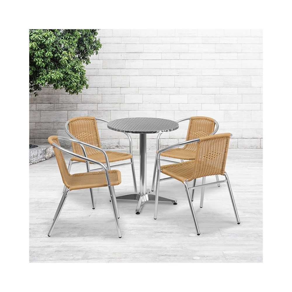 23.5'' Round Aluminum Indoor-Outdoor Table Set with 4 Beige Rattan Chairs