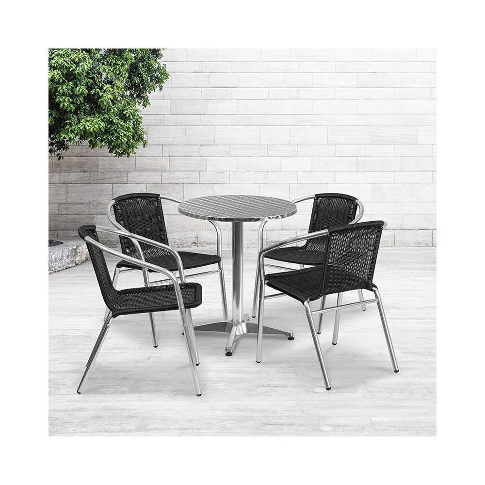 23.5'' Round Aluminum Indoor-Outdoor Table Set with 4 Black Rattan Chairs