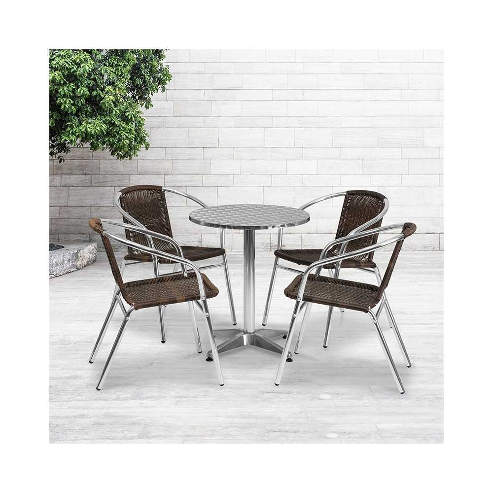 23.5'' Round Aluminum Indoor-Outdoor Table Set with 4 Dark Brown Rattan Chairs