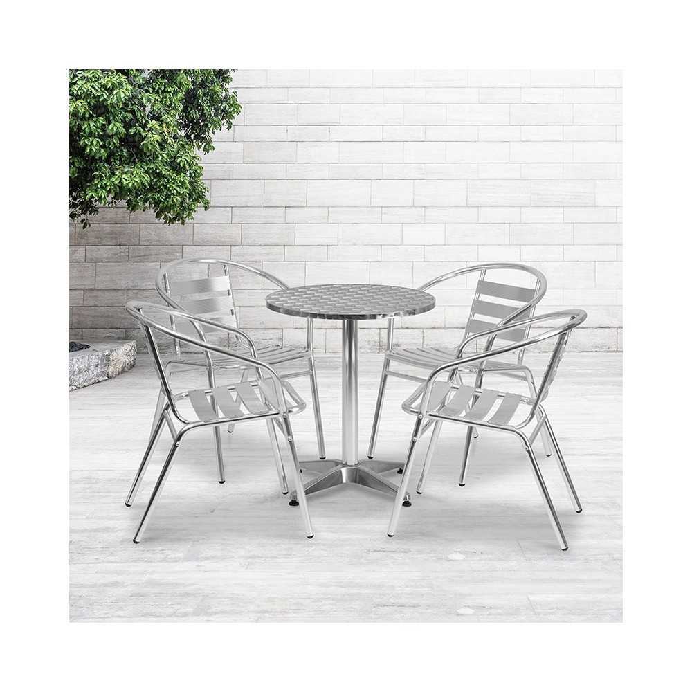23.5'' Round Aluminum Indoor-Outdoor Table Set with 4 Slat Back Chairs