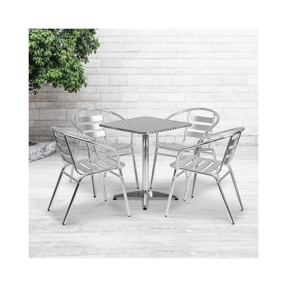 23.5'' Square Aluminum Indoor-Outdoor Table Set with 4 Slat Back Chairs