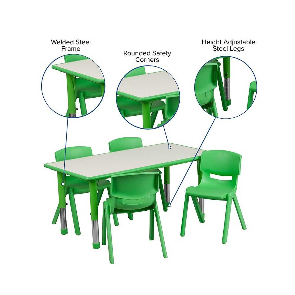 23.625''W x 47.25''L Rectangular Green Plastic Height Adjustable Activity Table Set with 4 Chairs