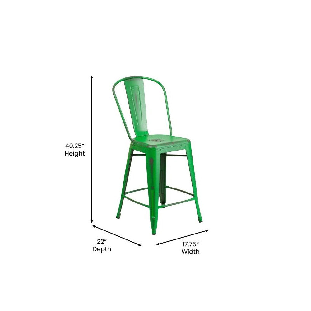 24" Green Metal Stool-Teak Seat