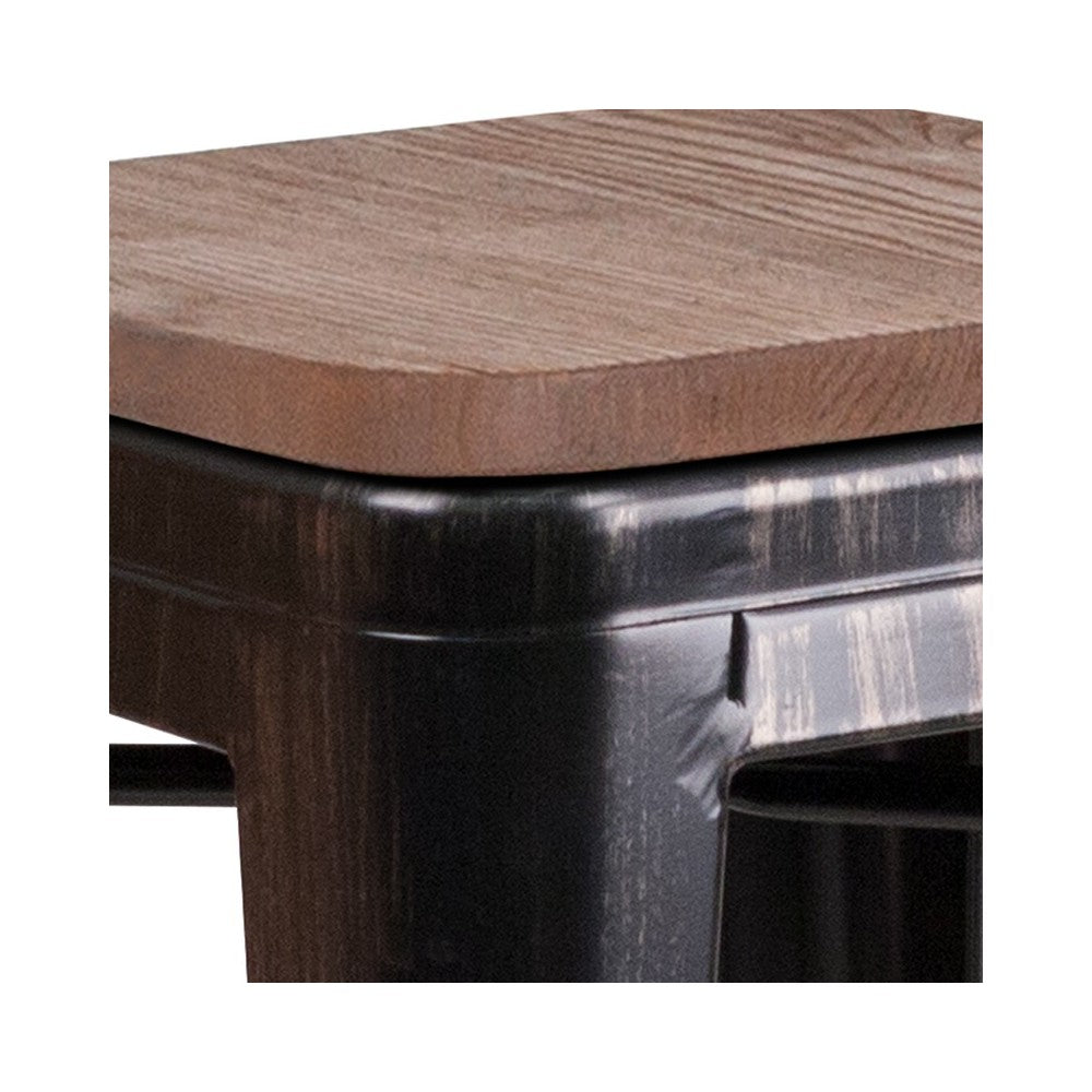 24" High Backless Black-Antique Gold Metal Counter Height Stool with Square Wood Seat