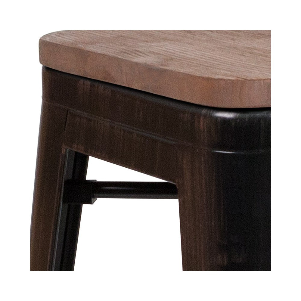 24" High Backless Black-Antique Gold Metal Counter Height Stool with Square Wood Seat