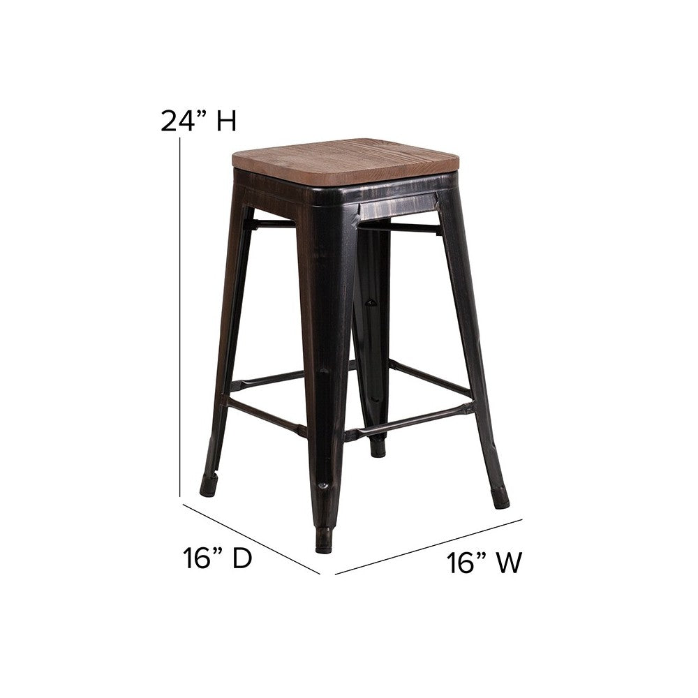 24" High Backless Black-Antique Gold Metal Counter Height Stool with Square Wood Seat