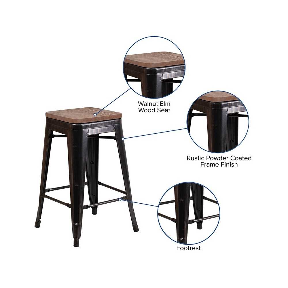 24" High Backless Black-Antique Gold Metal Counter Height Stool with Square Wood Seat