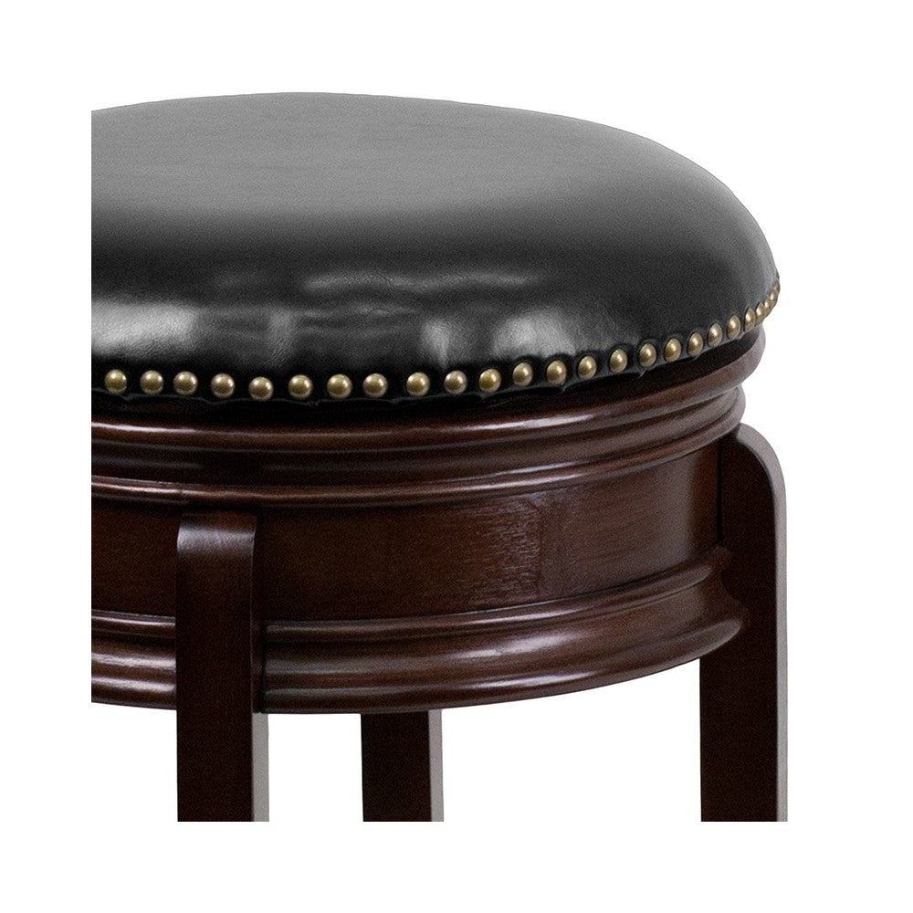 24'' High Backless Cappuccino Wood Counter Height Stool with Carved Apron and Black LeatherSoft Swivel Seat