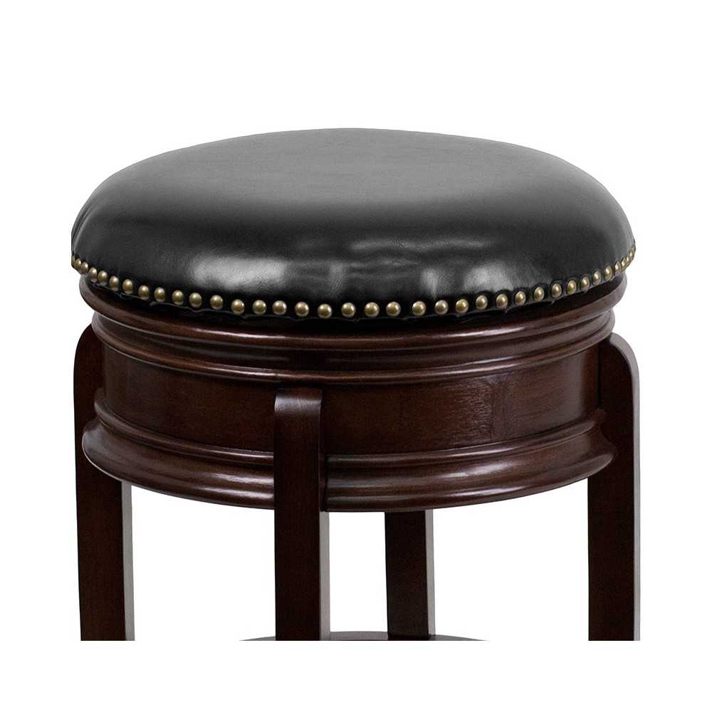 24'' High Backless Cappuccino Wood Counter Height Stool with Carved Apron and Black LeatherSoft Swivel Seat