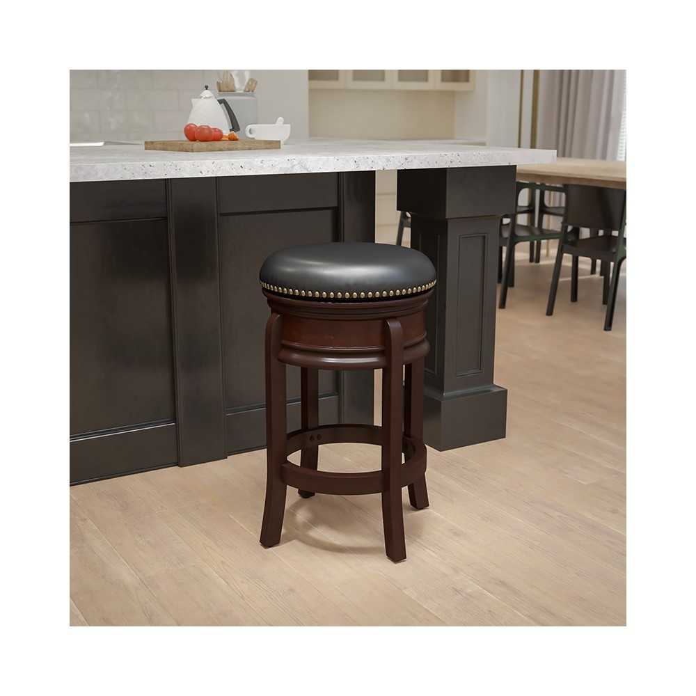 24'' High Backless Cappuccino Wood Counter Height Stool with Carved Apron and Black LeatherSoft Swivel Seat