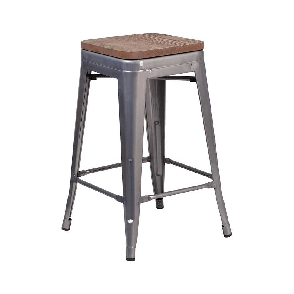 24" High Backless Clear Coated Metal Counter Height Stool with Square Wood Seat