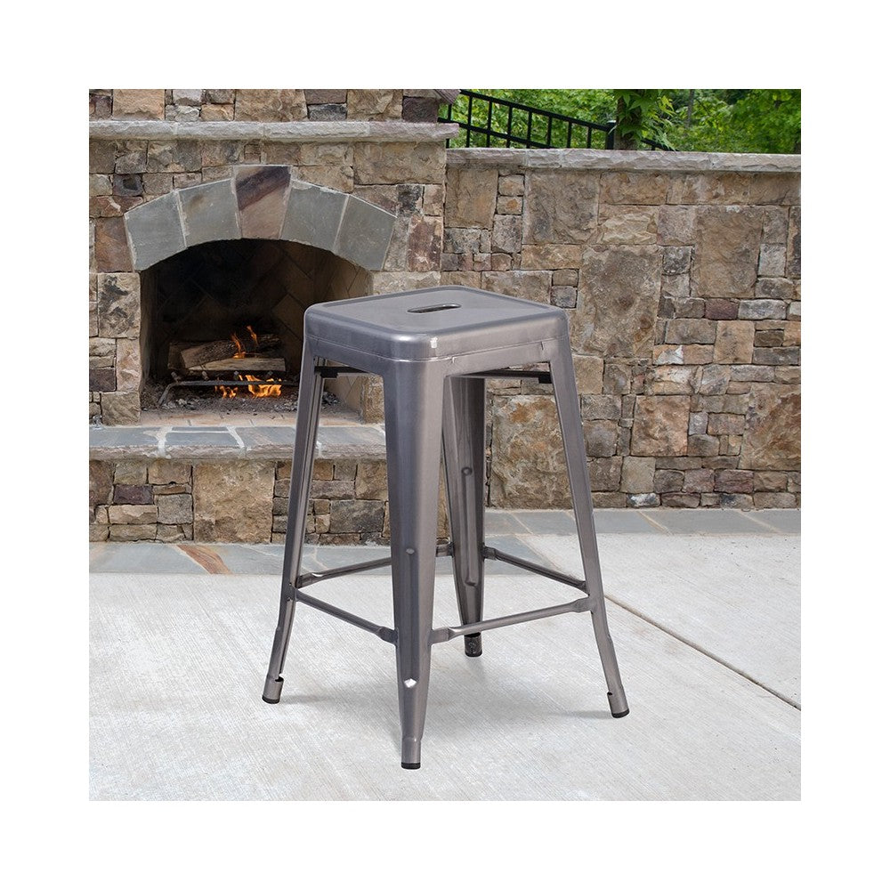 24'' High Backless Clear Coated Metal Indoor Counter Height Stool with Square Seat
