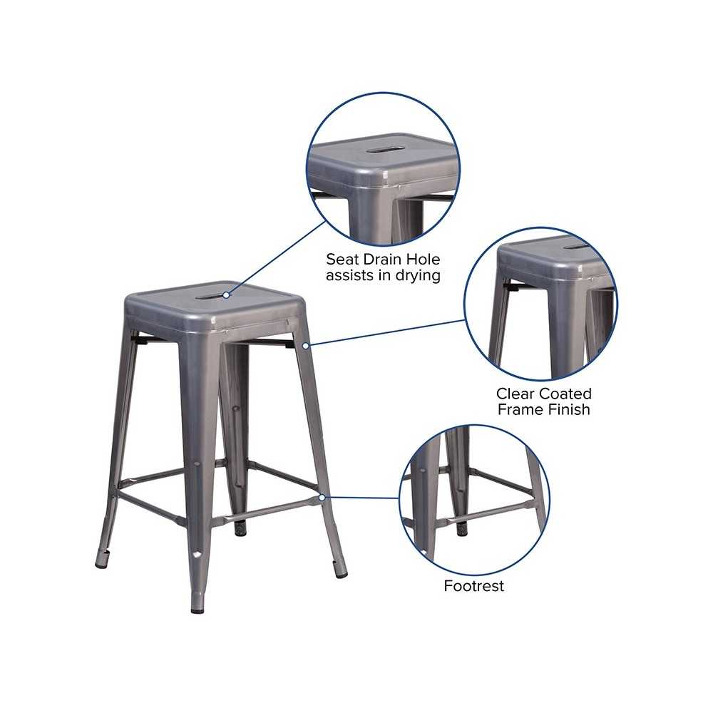 24'' High Backless Clear Coated Metal Indoor Counter Height Stool with Square Seat