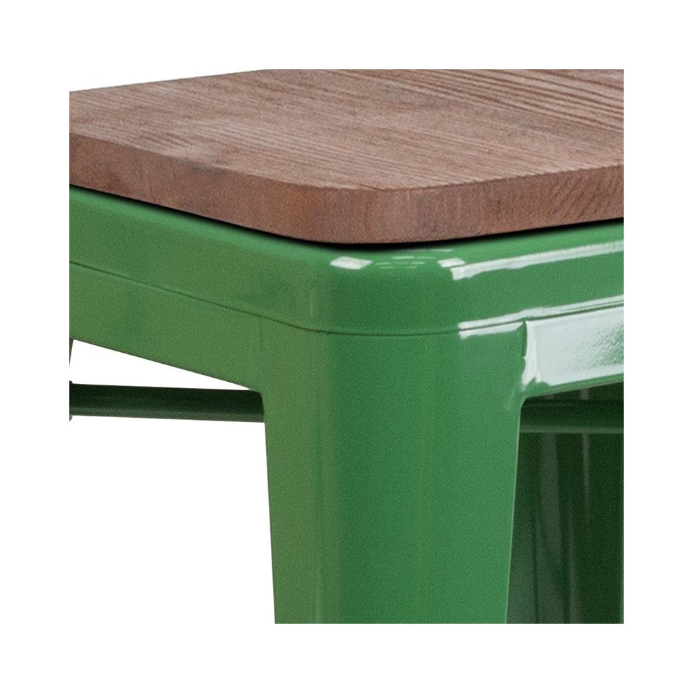 24" High Backless Green Metal Counter Height Stool with Square Wood Seat