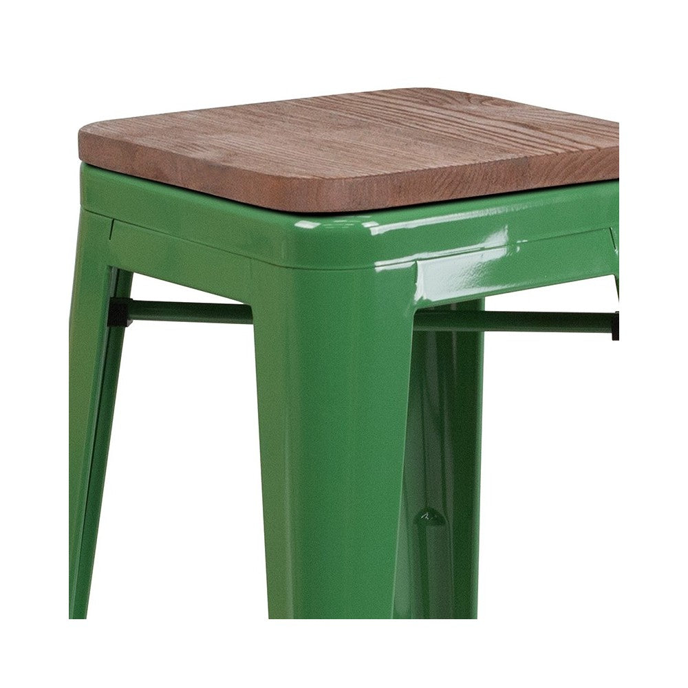 24" High Backless Green Metal Counter Height Stool with Square Wood Seat
