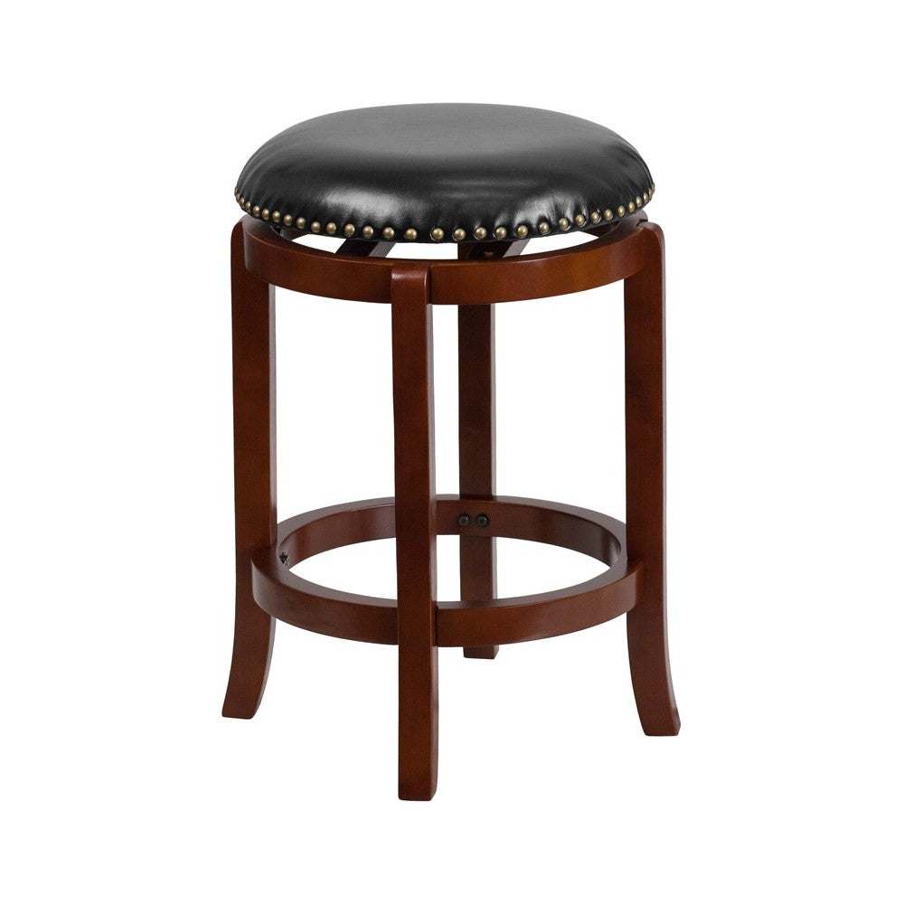 24'' High Backless Light Cherry Wood Counter Height Stool with Black LeatherSoft Swivel Seat