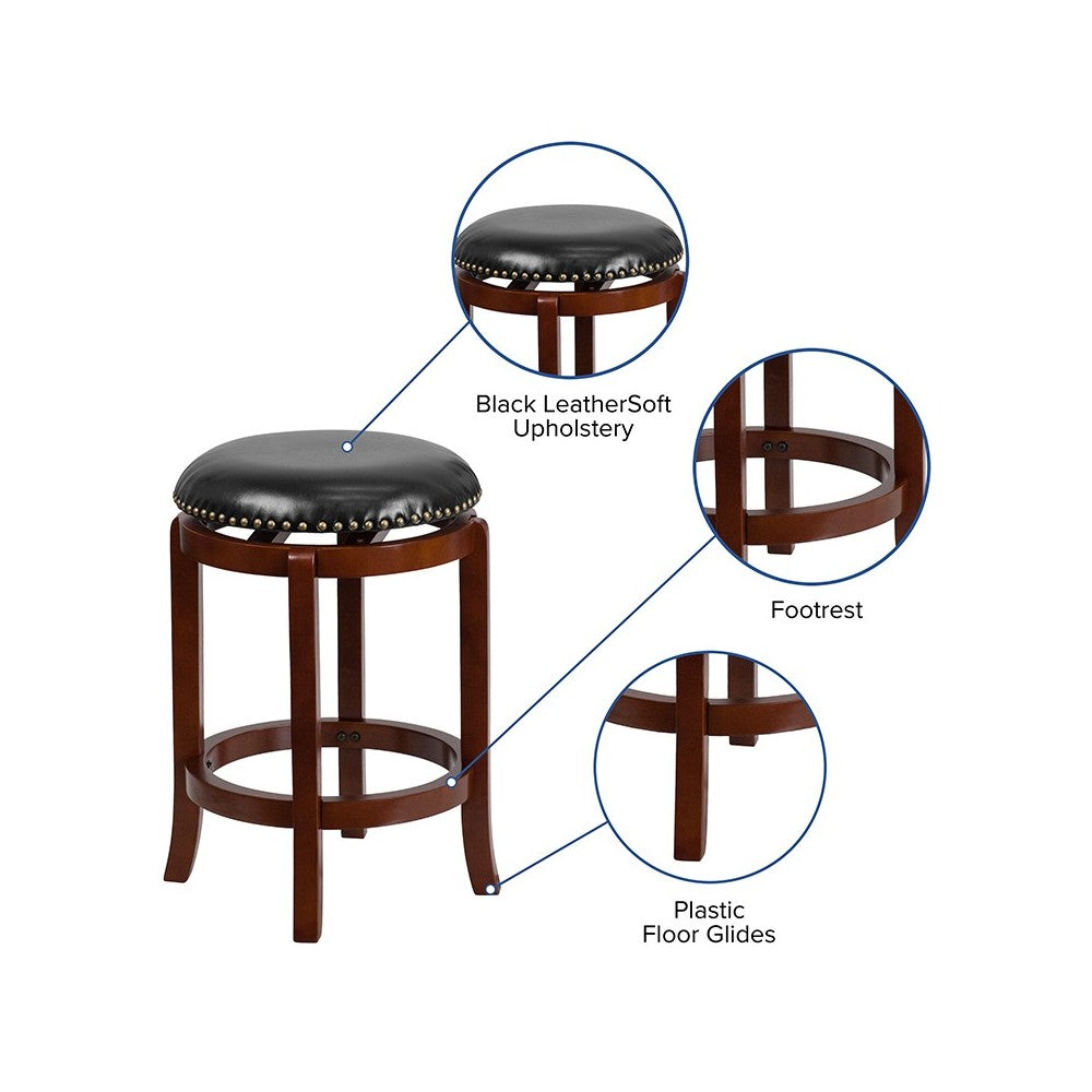 24'' High Backless Light Cherry Wood Counter Height Stool with Black LeatherSoft Swivel Seat