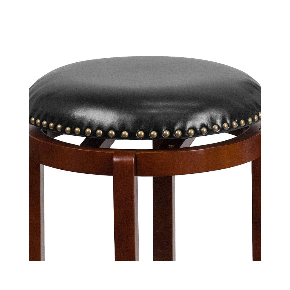 24'' High Backless Light Cherry Wood Counter Height Stool with Black LeatherSoft Swivel Seat