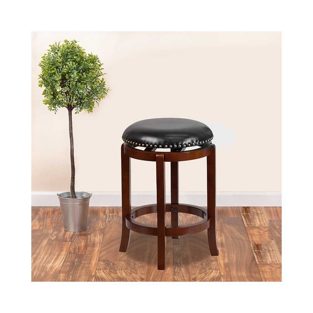 24'' High Backless Light Cherry Wood Counter Height Stool with Black LeatherSoft Swivel Seat