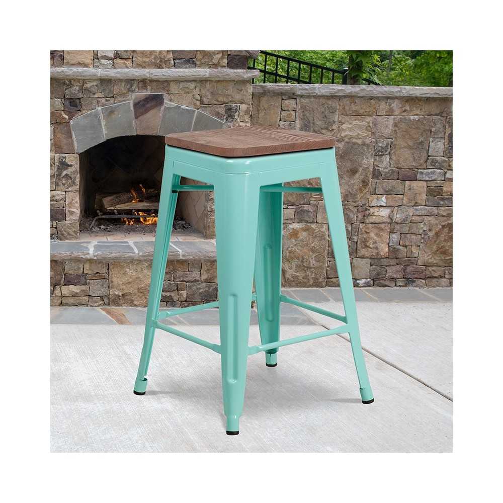 24" High Backless Mint Green Counter Height Stool with Square Wood Seat