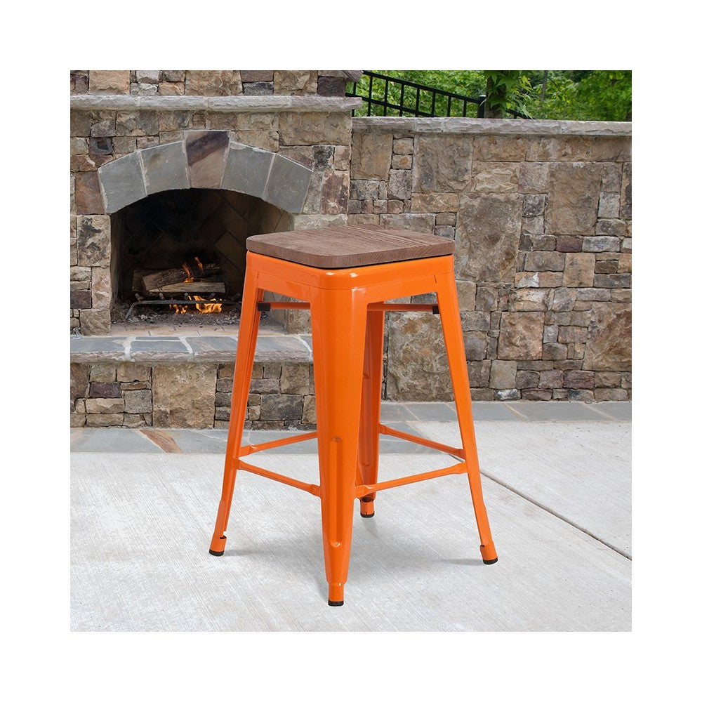 24" High Backless Orange Metal Counter Height Stool with Square Wood Seat