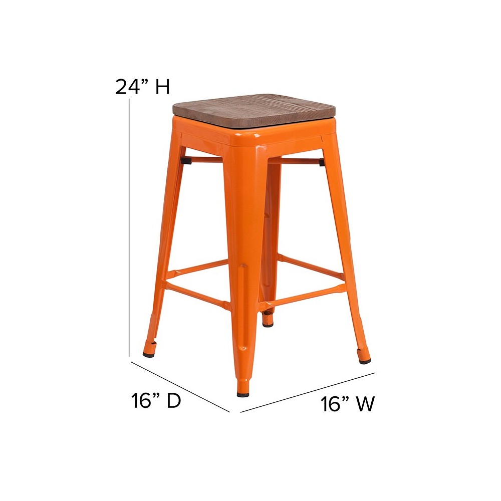 24" High Backless Orange Metal Counter Height Stool with Square Wood Seat