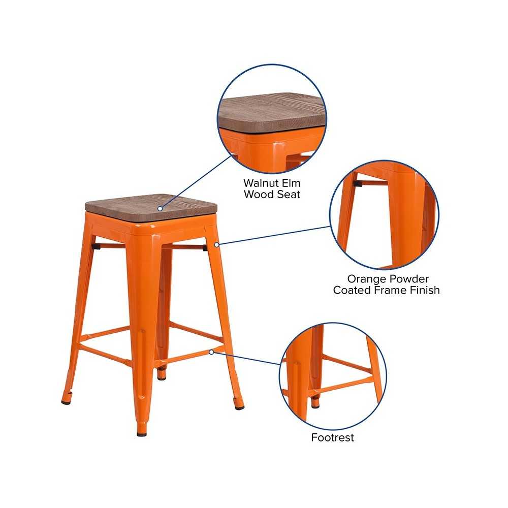 24" High Backless Orange Metal Counter Height Stool with Square Wood Seat