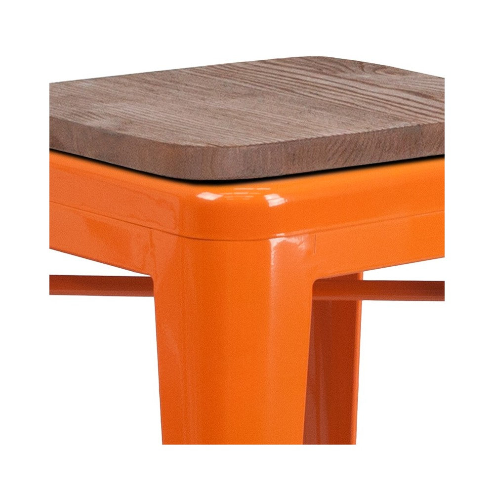 24" High Backless Orange Metal Counter Height Stool with Square Wood Seat